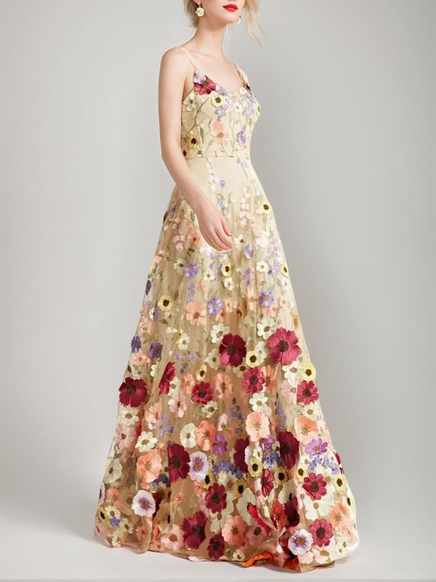 A-Line/Princess Spaghetti Straps Sleeveless Floor-Length Stylish Evening Dresses With Printed Flower BabaMila
