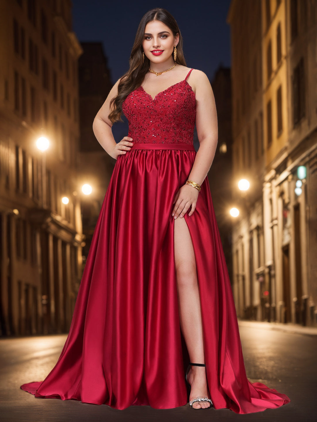 A-Line/Princess V-Neck Sleeveless Floor-Length Plus Size Prom Dresses With Appliques/Split Side BabaMila