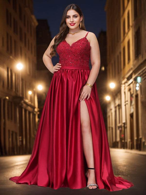 A-Line/Princess V-Neck Sleeveless Floor-Length Plus Size Prom Dresses With Appliques/Split Side BabaMila