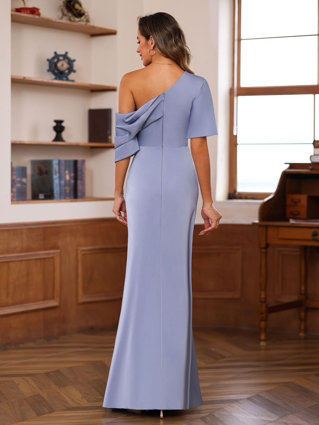 Sheath/Column One-Shoulder Half Sleeves Floor-Length Silk Satin Mother Of The Bride Dresses With Ruffles BabaMila