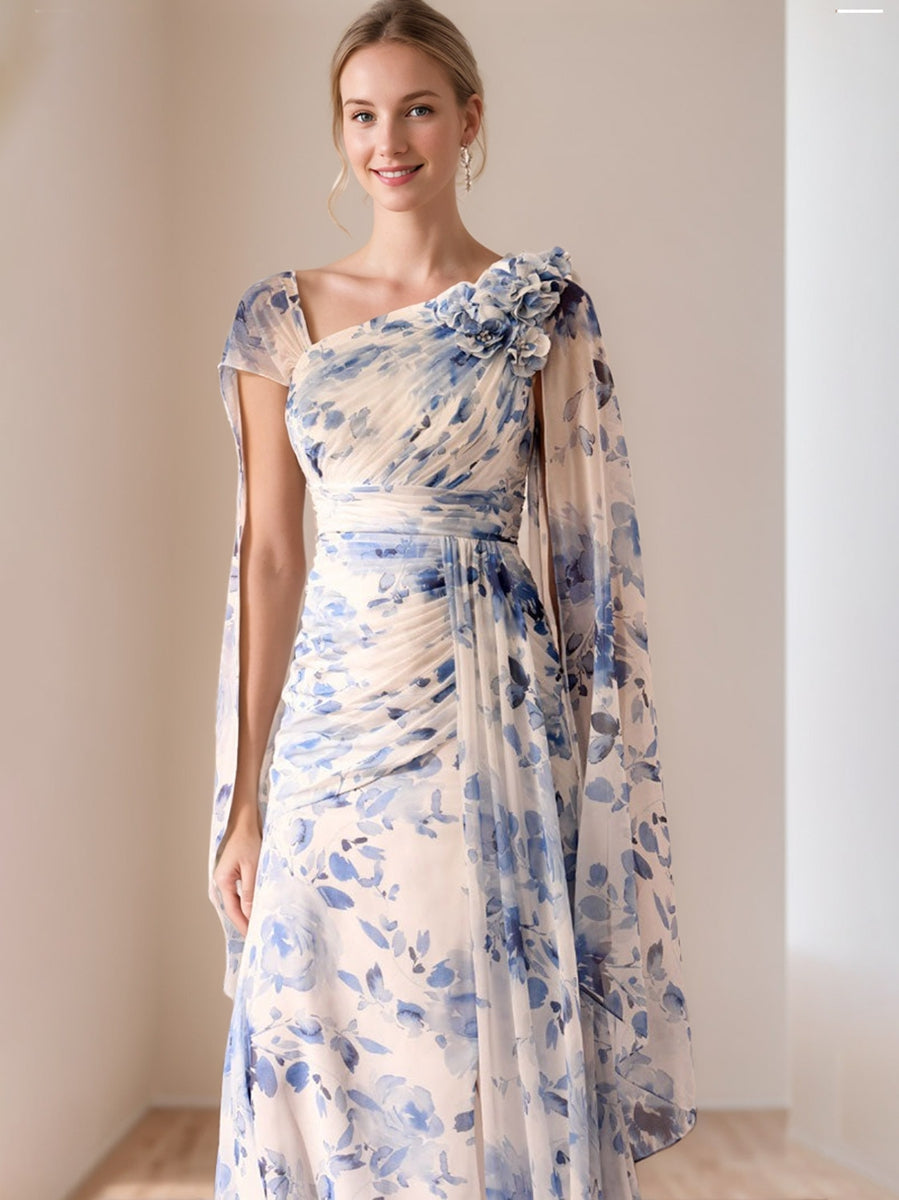 A-Line/Princess V-Neck Pleated Printed Floral Mother Of The Bride Dresses With Ruffles & 3D Flower BabaMila