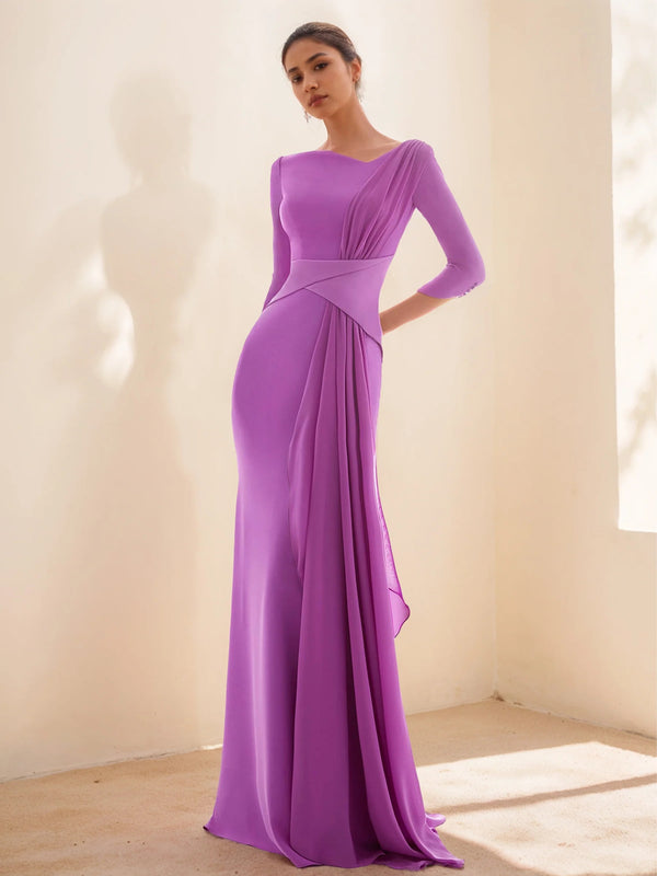 Sheath/Column Evening Dresses Closed neck 3/4 Length Sleeves Floor-length Prom Party Dress With Ruffles BabaMila