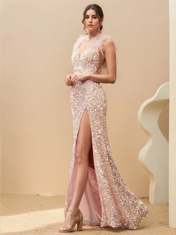 Sheath/Column V-Neck Evening Dresses Sleeveless Floor-Length Prom Party Dresses With Sequins & Feather BabaMila