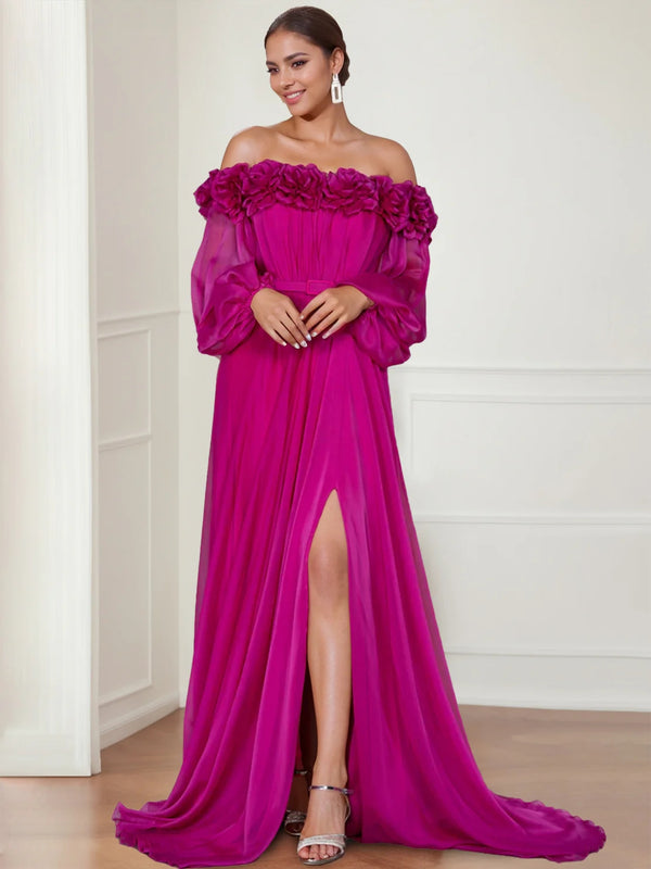 A-Line/Princess Off-the-shoulder Long Sleeves Evening Dresses with Split Side & Flower BabaMila