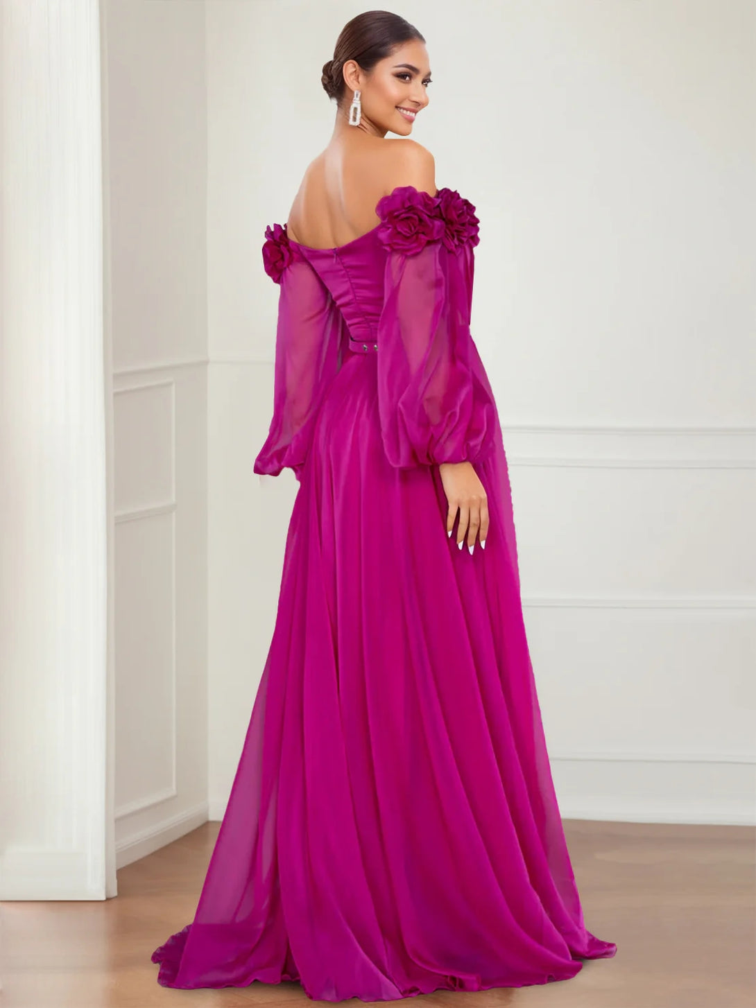 A-Line/Princess Off-the-shoulder Long Sleeves Evening Dresses with Split Side & Flower BabaMila