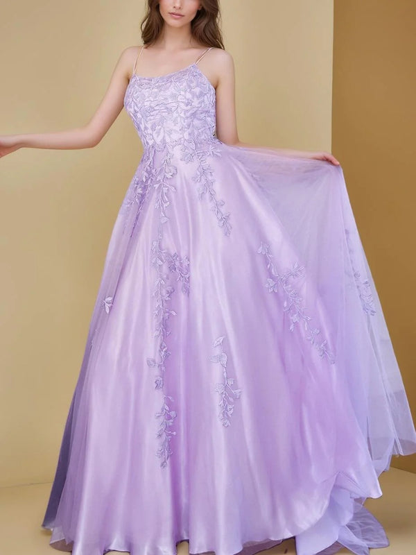 A-Line/Princess Spaghetti Straps Prom Dresses Sleeveless Floor-Length Evening Party Dress with Appliques BabaMila