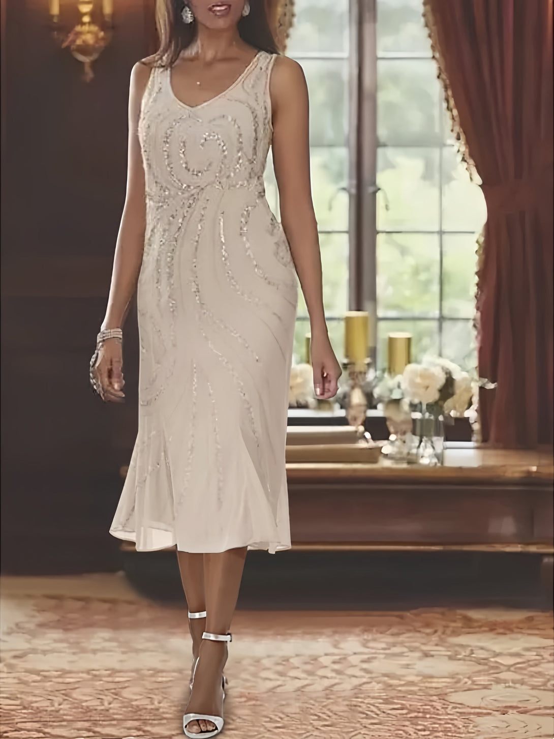 Chiffon 2 Pieces V-Neck Knee-Length Mother Of The Bride Dresses With Jacket & Sequins BabaMila