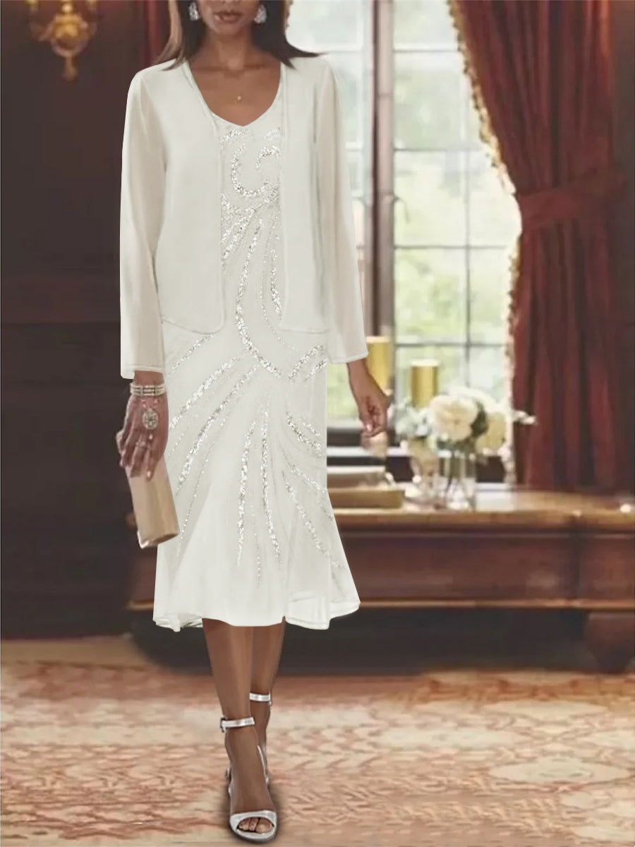 Chiffon 2 Pieces V-Neck Knee-Length Mother Of The Bride Dresses With Jacket & Sequins BabaMila