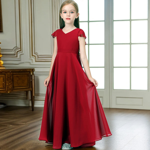 V-Neck Flutter Straps Chiffon Junior Bridesmaid Dresses/Girls Birthday Dresses With Belt Girls Gidiondress