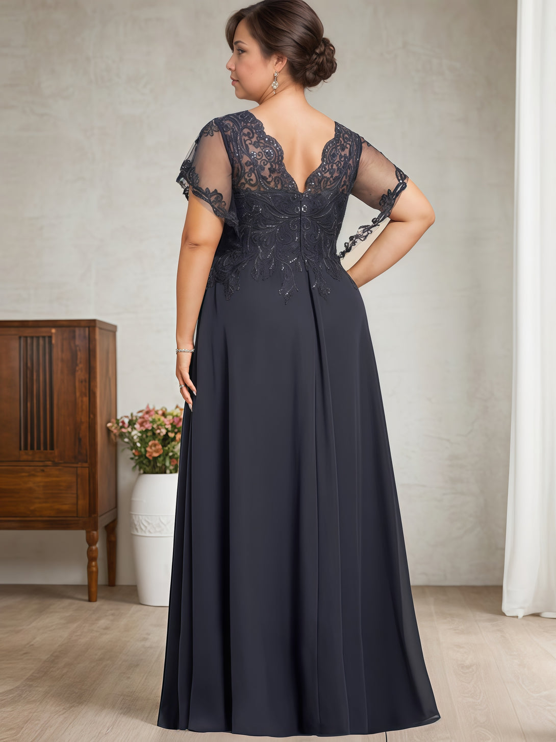 A-Line V-Neck Flutter Straps Floor-Length Chiffon/Sequins Mother of the Bride Dress With Appliques BabaMila