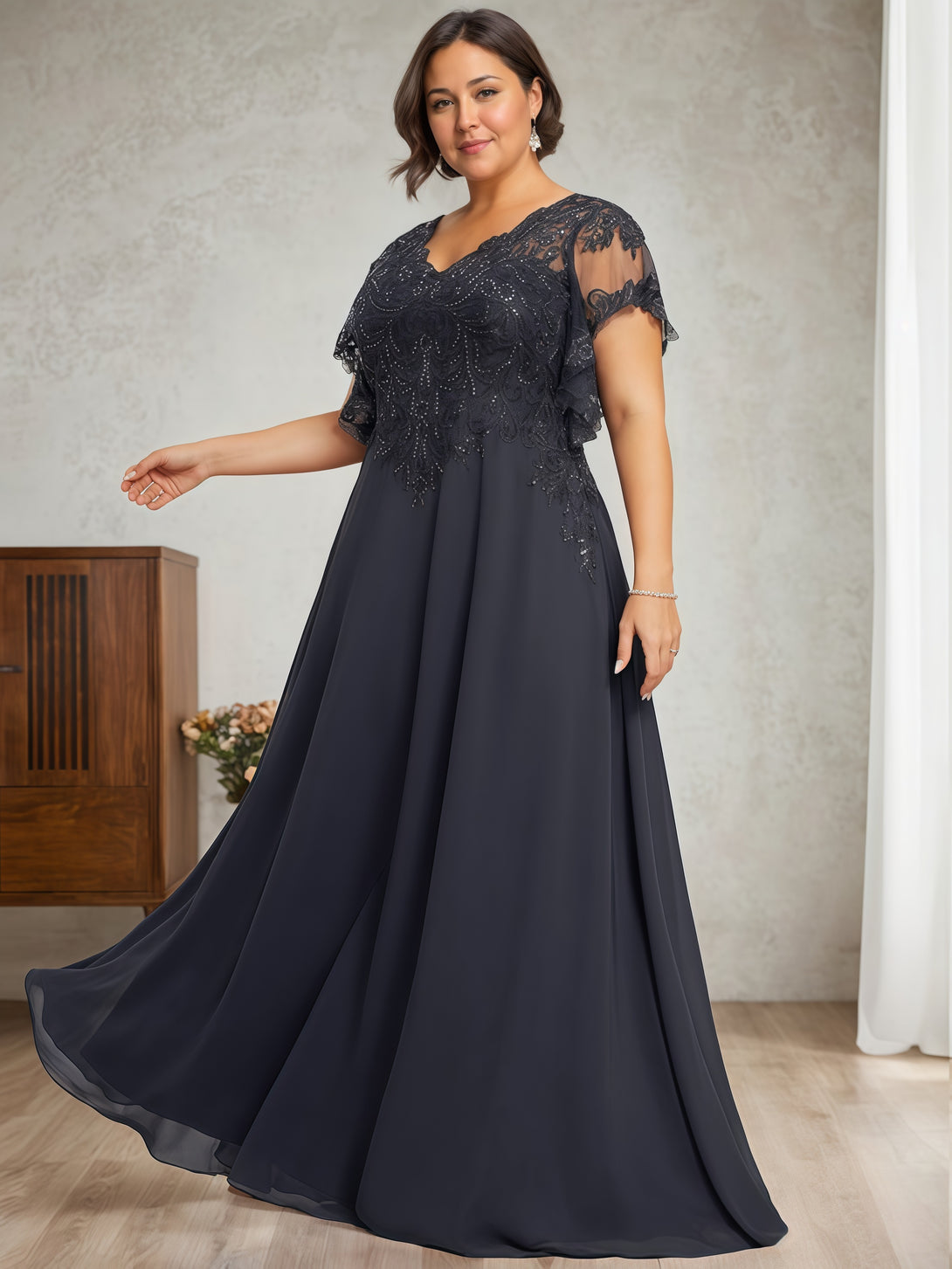 A-Line V-Neck Flutter Straps Floor-Length Chiffon/Sequins Mother of the Bride Dress With Appliques BabaMila