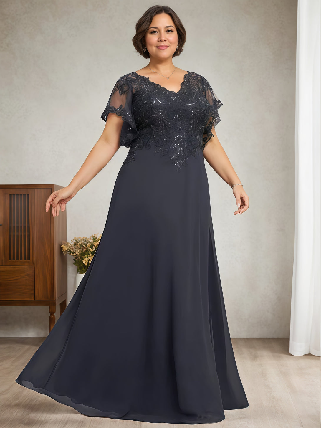A-Line V-Neck Flutter Straps Floor-Length Chiffon/Sequins Mother of the Bride Dress With Appliques BabaMila