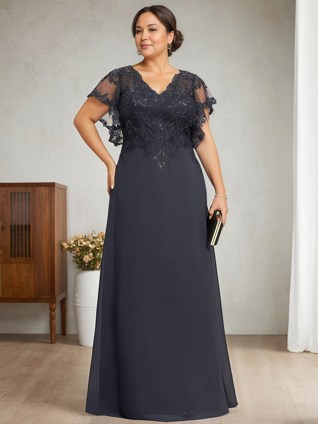 A-Line V-Neck Flutter Straps Floor-Length Chiffon/Sequins Mother of the Bride Dress With Appliques BabaMila