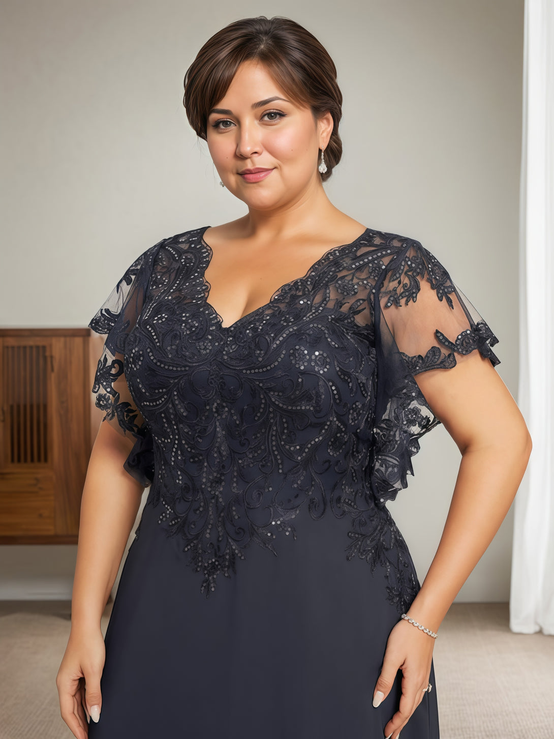 A-Line V-Neck Flutter Straps Floor-Length Chiffon/Sequins Mother of the Bride Dress With Appliques BabaMila