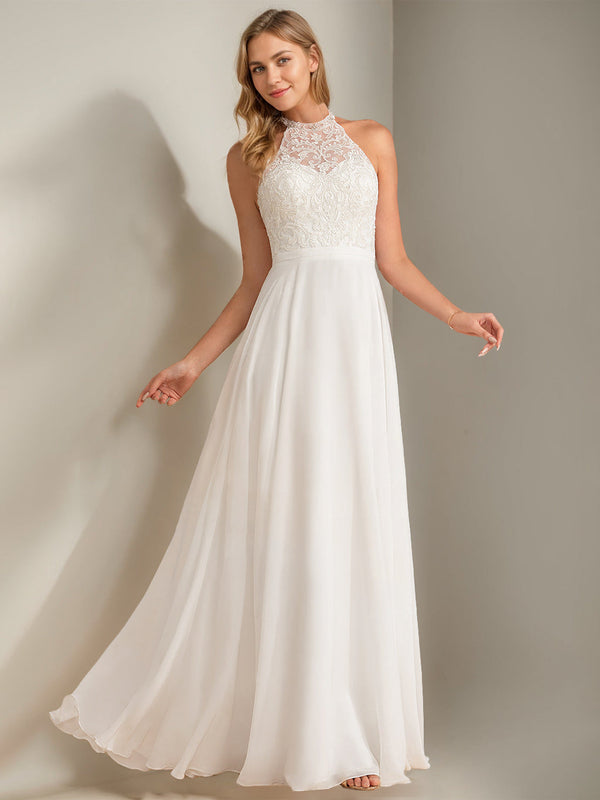 A-Line/Princess Halter Neck Sleeveless Floor-Length Wedding Dress with Lace Appliques BabaMila