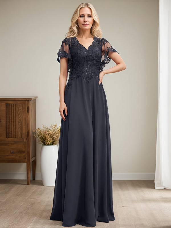 A-Line V-Neck Flutter Straps Floor-Length Chiffon/Sequins Mother of the Bride Dress With Appliques BabaMila