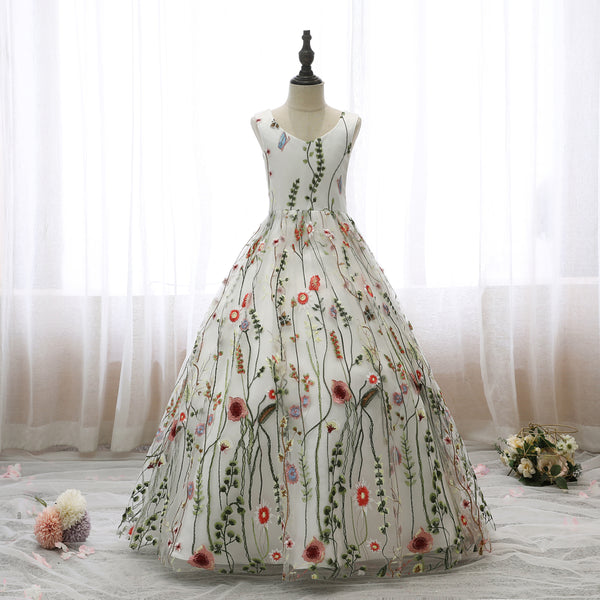 V-Neck Sleeveless Floor-Length Lace/Satin Flower Girl Dresses With Belt Gidiondress