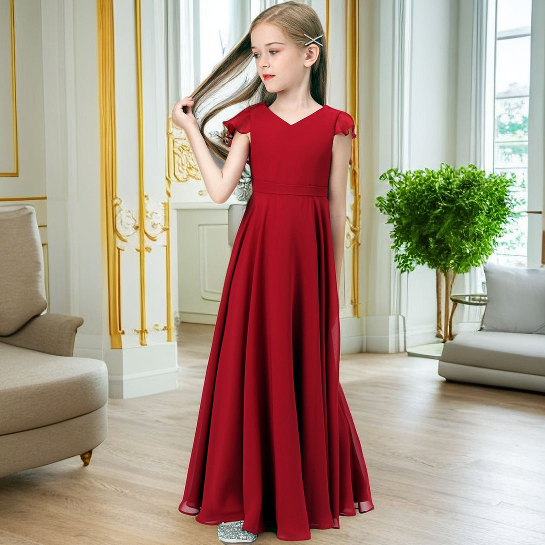 V-Neck Flutter Straps Chiffon Junior Bridesmaid Dresses/Girls Birthday Dresses With Belt Girls Gidiondress