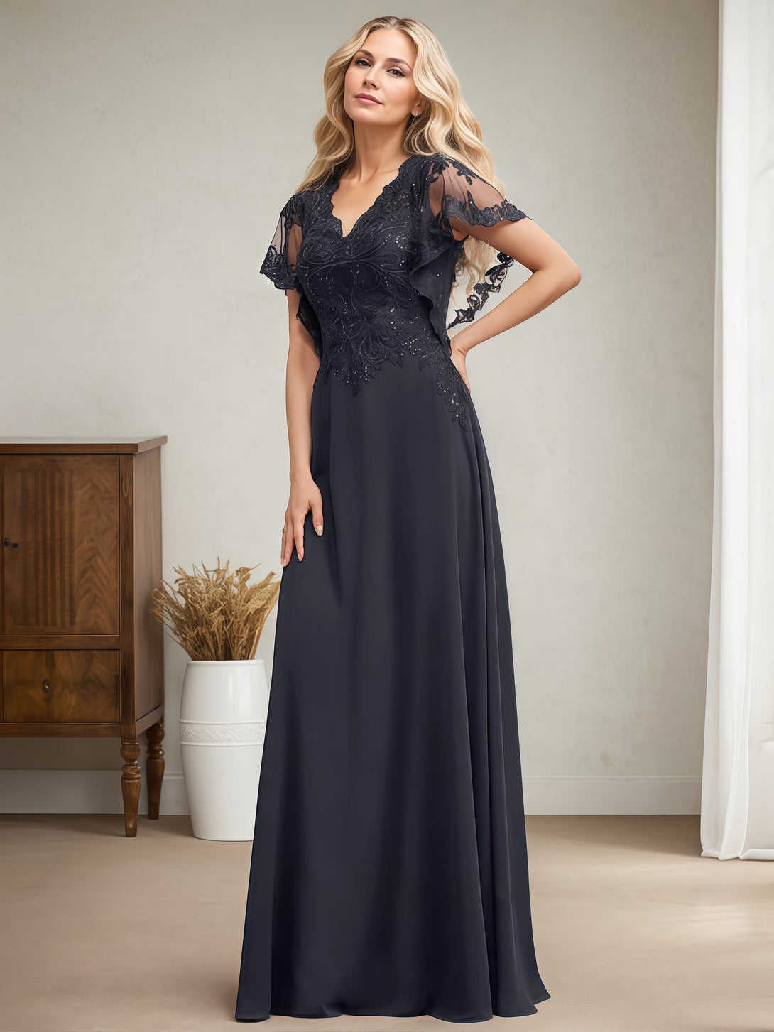 A-Line V-Neck Flutter Straps Floor-Length Chiffon/Sequins Mother of the Bride Dress With Appliques BabaMila