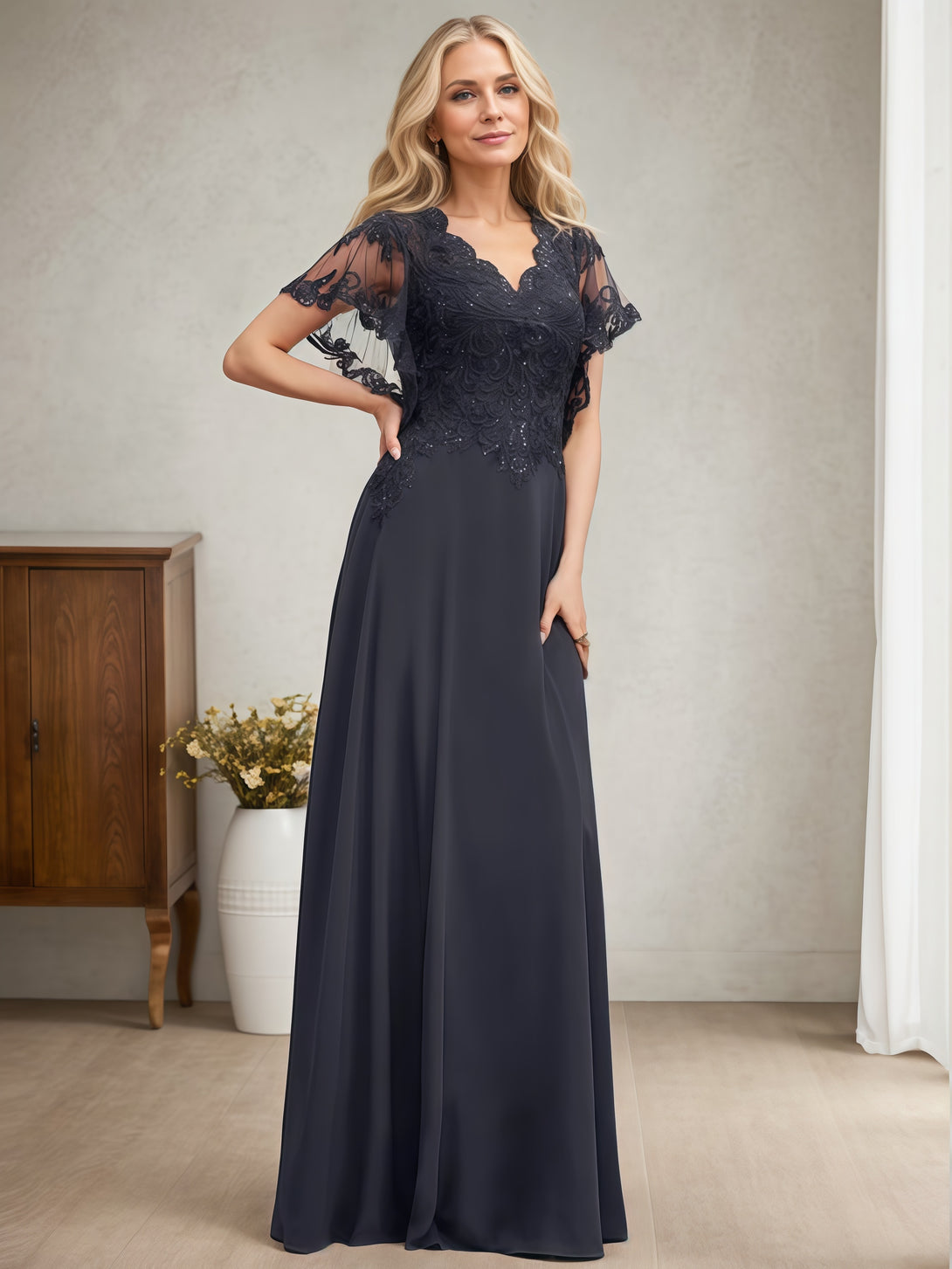 A-Line V-Neck Flutter Straps Floor-Length Chiffon/Sequins Mother of the Bride Dress With Appliques BabaMila