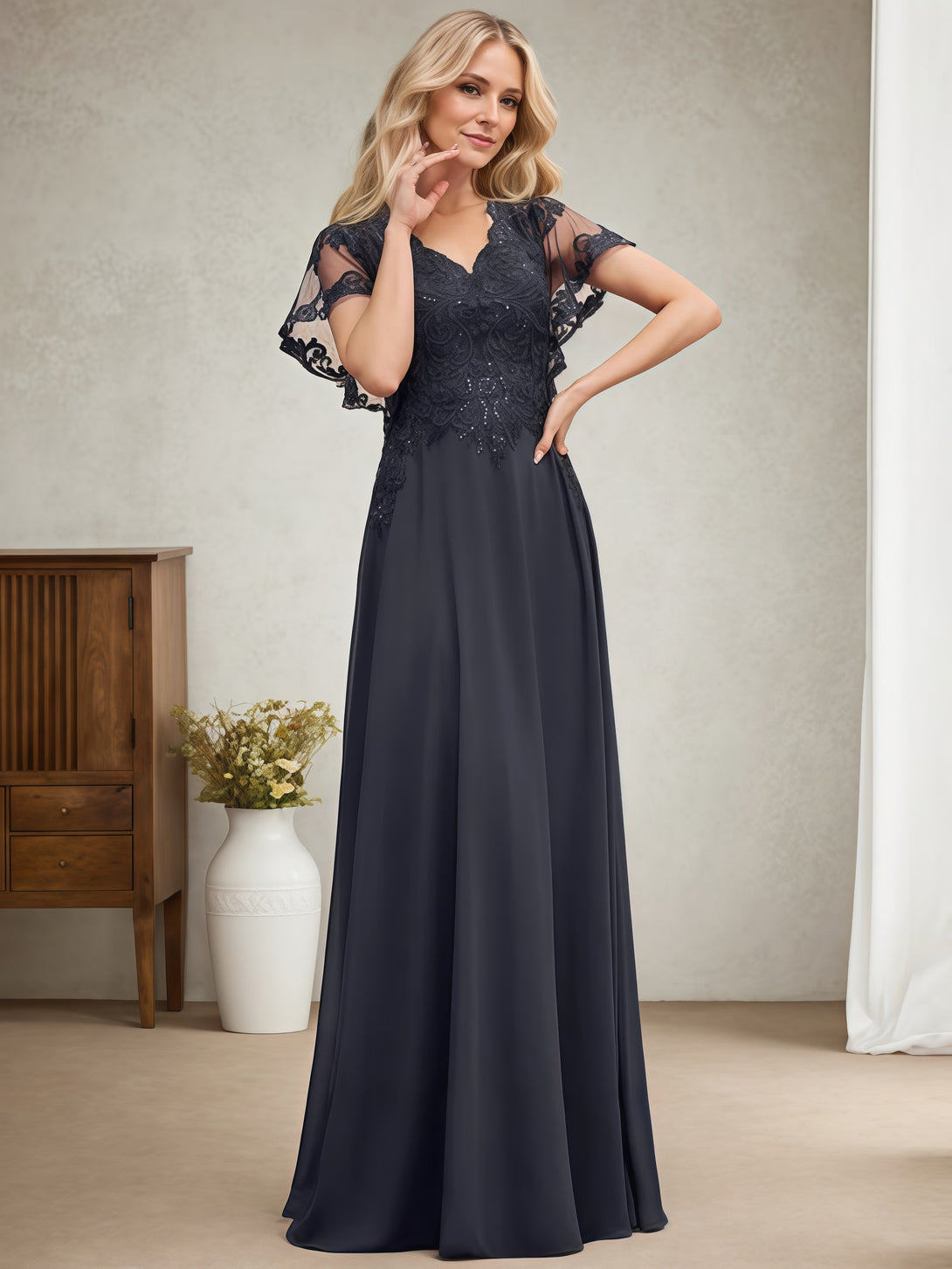 A-Line V-Neck Flutter Straps Floor-Length Chiffon/Sequins Mother of the Bride Dress With Appliques BabaMila