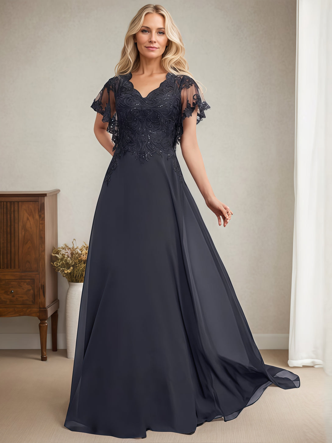A-Line V-Neck Flutter Straps Floor-Length Chiffon/Sequins Mother of the Bride Dress With Appliques BabaMila