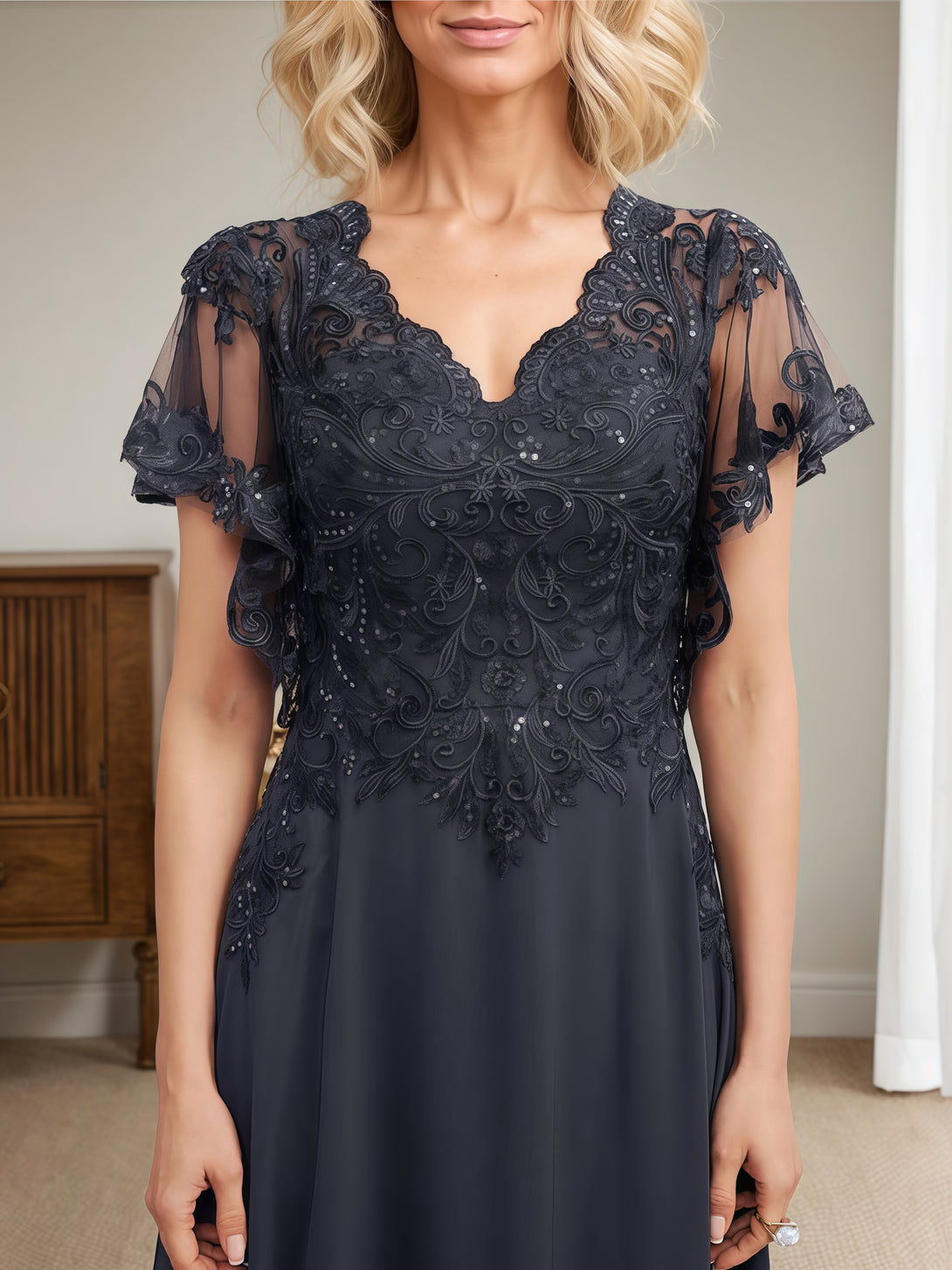 A-Line V-Neck Flutter Straps Floor-Length Chiffon/Sequins Mother of the Bride Dress With Appliques BabaMila