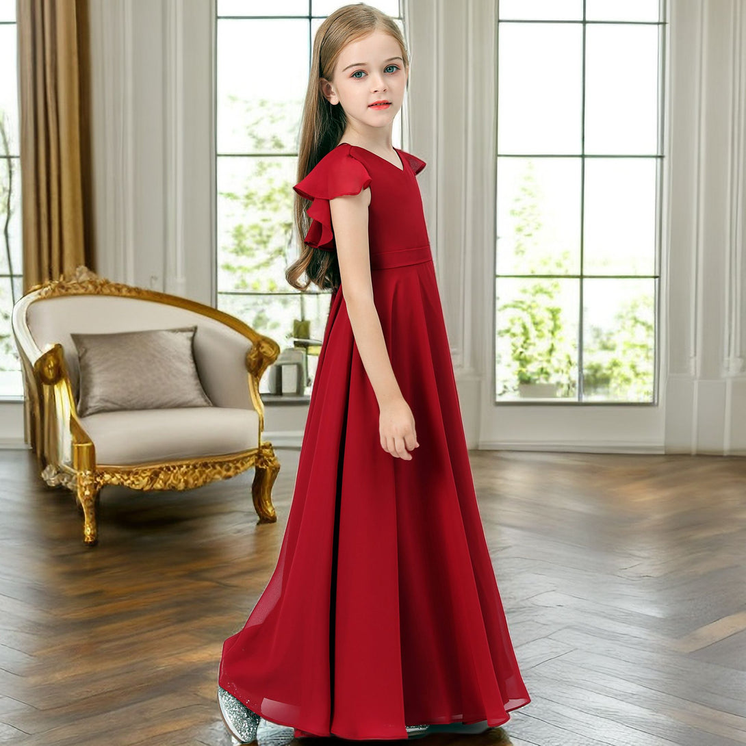 V-Neck Flutter Straps Chiffon Junior Bridesmaid Dresses/Girls Birthday Dresses With Belt Girls Gidiondress