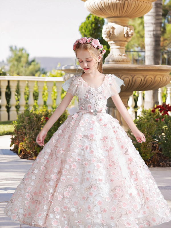 Exquisite V-Neck Flutter Straps Floor-Length Satin/Lace/Tulle Girls Birthday Dresses With Belt/Appliques/3D Flower Girls Gidiondress
