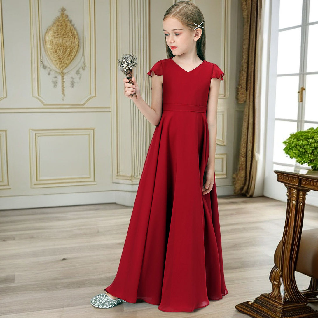 V-Neck Flutter Straps Chiffon Junior Bridesmaid Dresses/Girls Birthday Dresses With Belt Girls Gidiondress