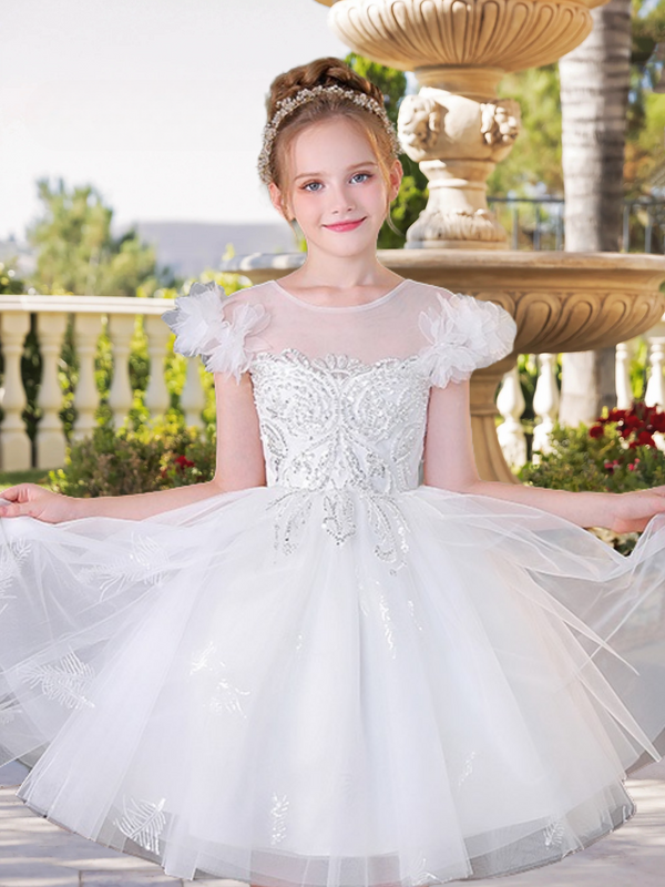 Elegant Boat Neck Flutter Straps Knee-Length Lace/Tulle Flower Girl Dresses With Appliques/Beads Girls Gidiondress