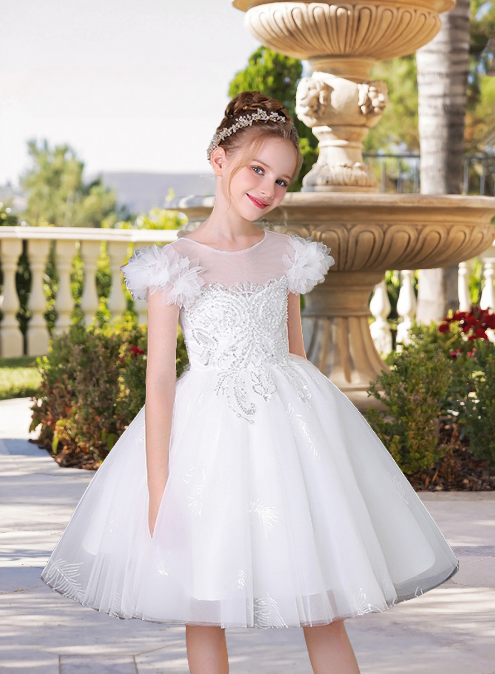 Elegant Boat Neck Flutter Straps Knee-Length Lace/Tulle Flower Girl Dresses With Appliques/Beads Girls Gidiondress