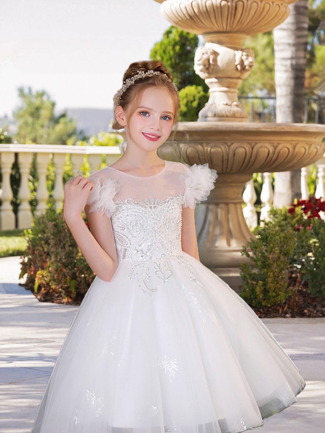Elegant Boat Neck Flutter Straps Knee-Length Lace/Tulle Flower Girl Dresses With Appliques/Beads Girls Gidiondress