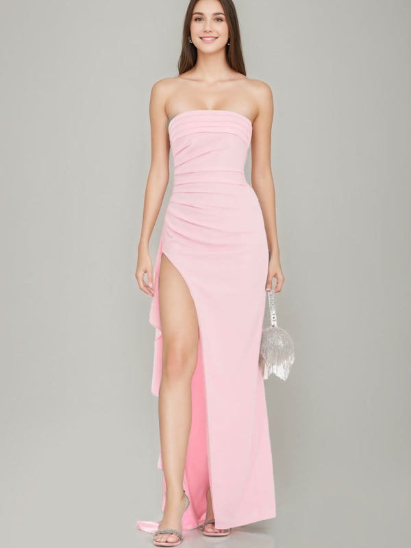 Sheath/Column Strapless Ruched Asymmetrical Prom Dresses with Ruffles/High Side Slit BabaMila