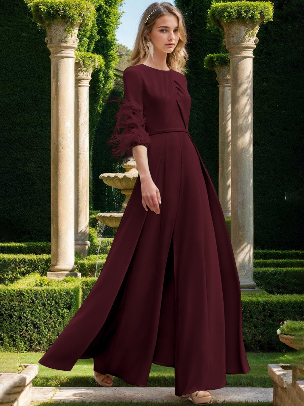 Jewel Neck Half Sleeves Ankle-Length Mother Of The Bride Pantsuits With Feathers BabaMila