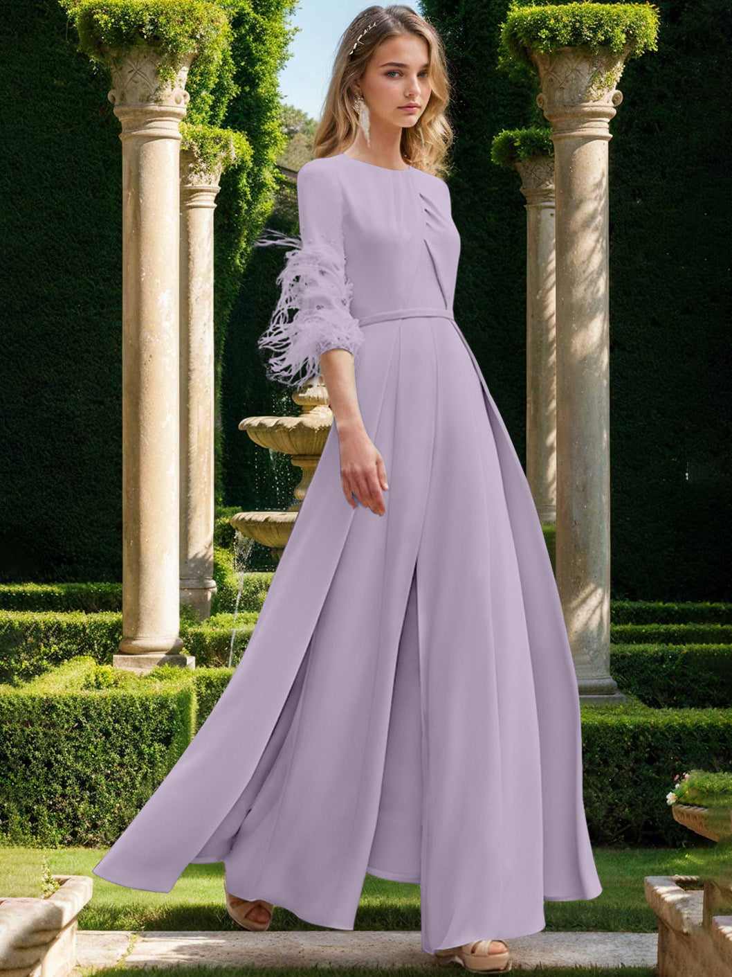 Jewel Neck Half Sleeves Ankle-Length Mother Of The Bride Pantsuits With Feathers BabaMila