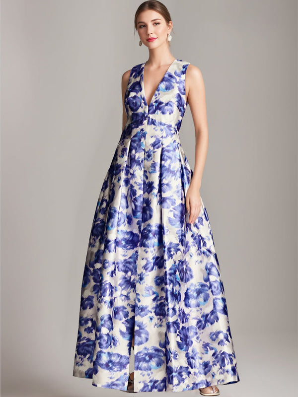 A-Line/Princess V-Neck Floor Length Printed Floral Elegant Mother Of The Bride & Groom Dresses With High Split & Pleats BabaMila