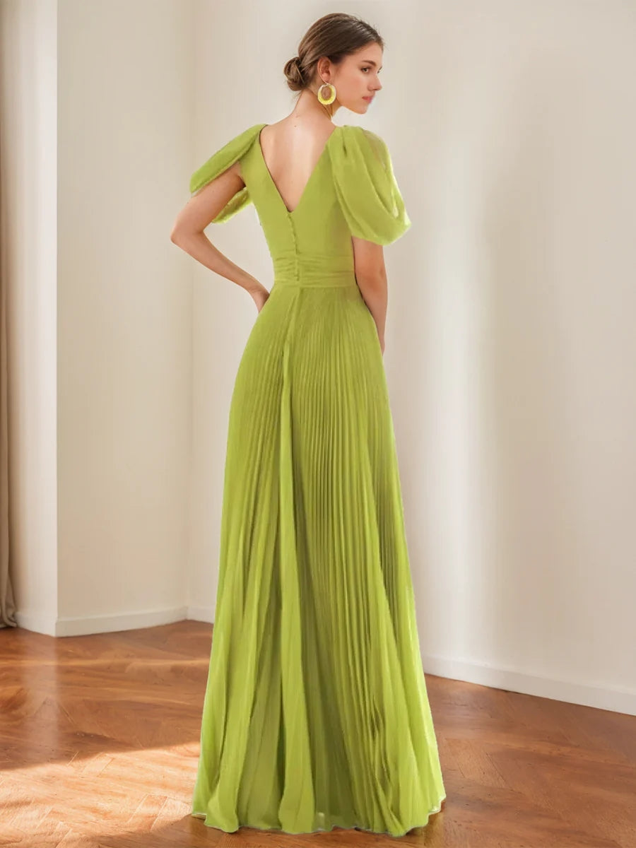 Chiffon A-Line/Princess V-Neck Short Sleeves Formal Evening Dresses with Feather & Pleats BabaMila