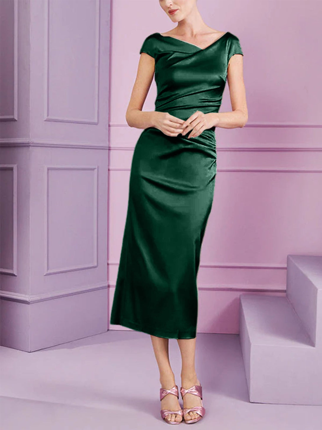 Sheath/Column Cowl Neck Short Sleeves Tea-Length Mother Of The Bride Dresses With Ruffles BabaMila