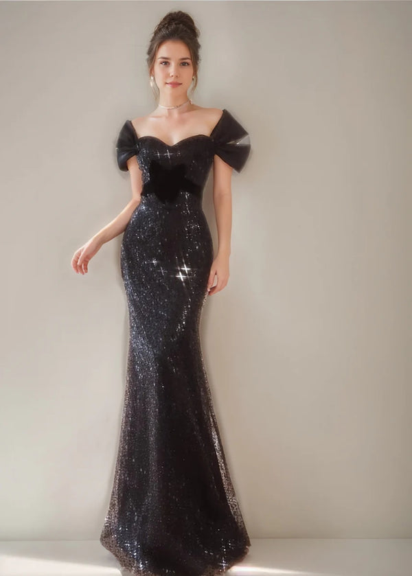 Black Luxurious Short Sleeves Evening Dresses with Sequins & Ruffles BabaMila