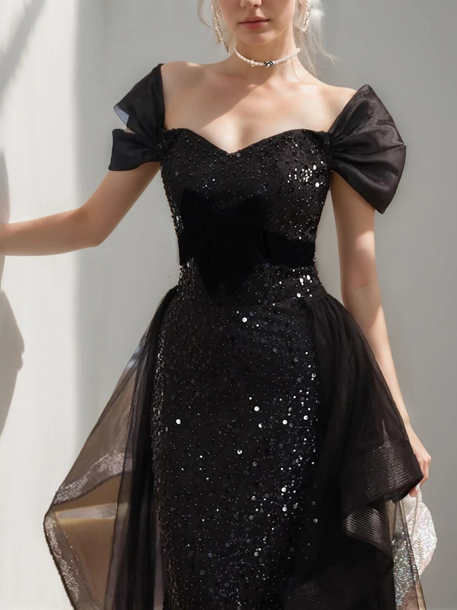 Black Luxurious Short Sleeves Evening Dresses with Sequins & Ruffles BabaMila