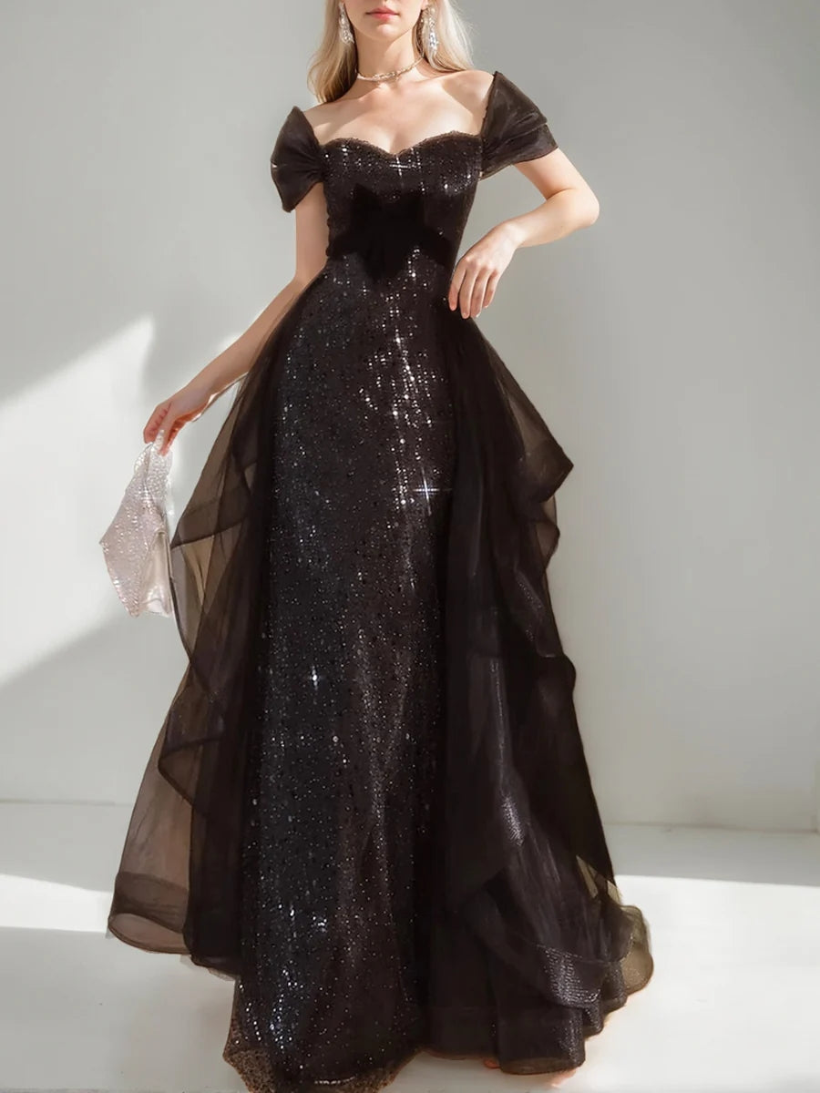 Black Luxurious Short Sleeves Evening Dresses with Sequins & Ruffles BabaMila