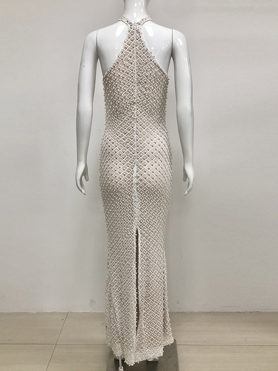 Sheath/Column Halter Sleeveless Elegant Sequined Prom Dresses with Pearl/Back Split BabaMila