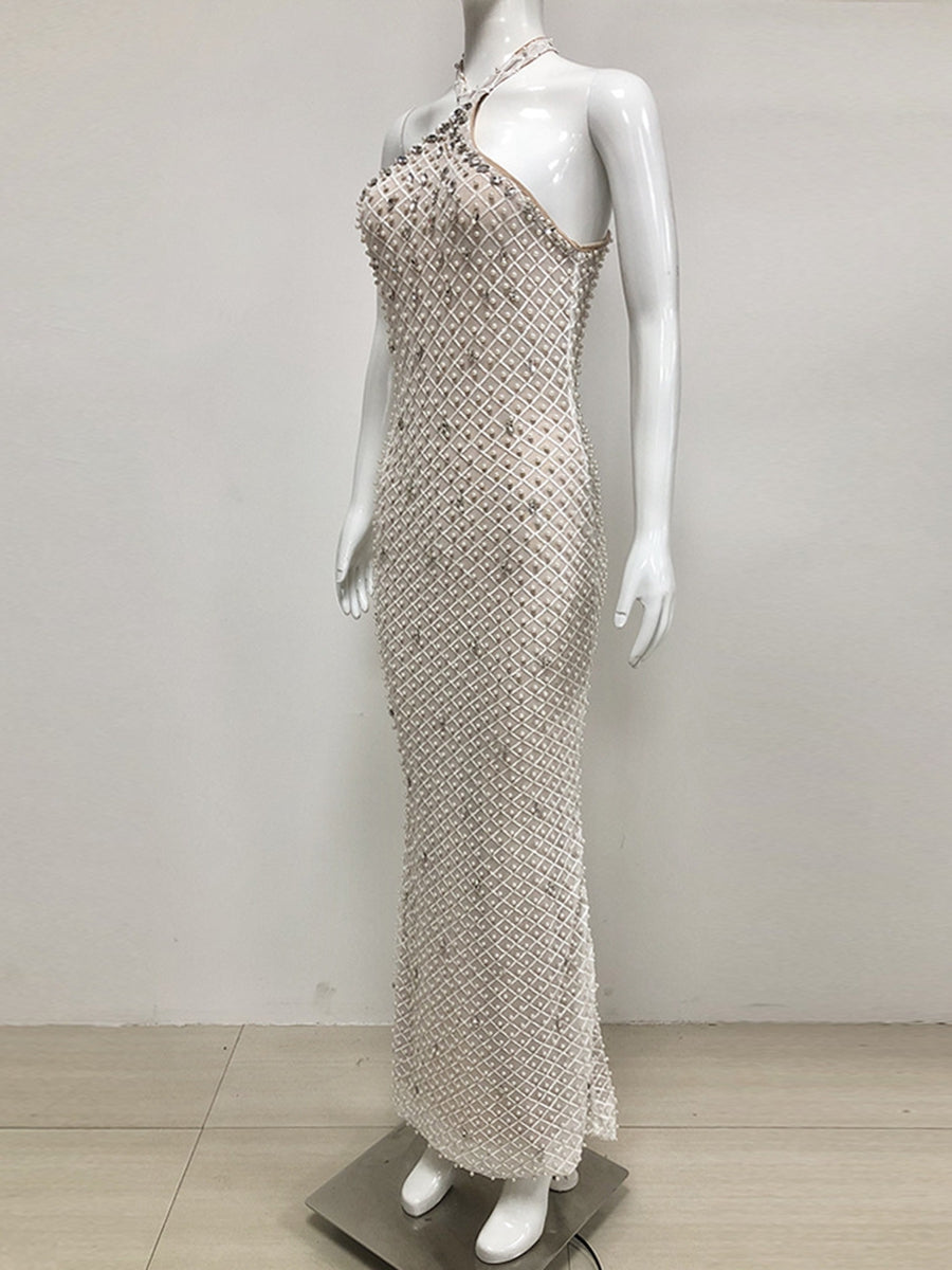 Sheath/Column Halter Sleeveless Elegant Sequined Prom Dresses with Pearl/Back Split BabaMila