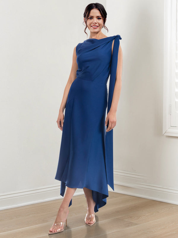 Sheath/Column Jewel Neck Tea-Length Asymmetrical Mother Of The Bride Dresses With Ruched BabaMila