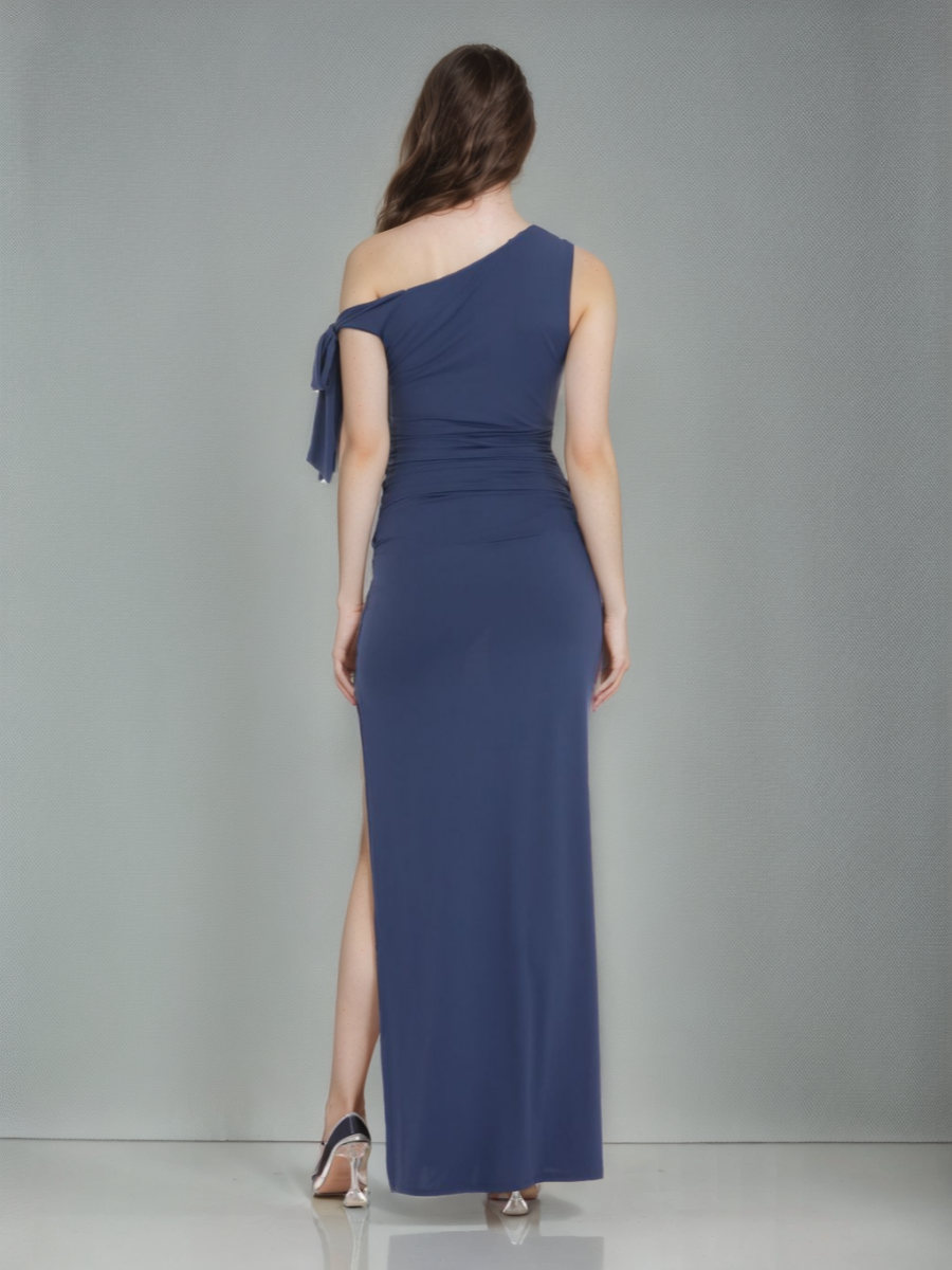 Sheath/Column One-shoulder Ruched Prom Dresses with Self-tie/High Side/Slit BabaMila