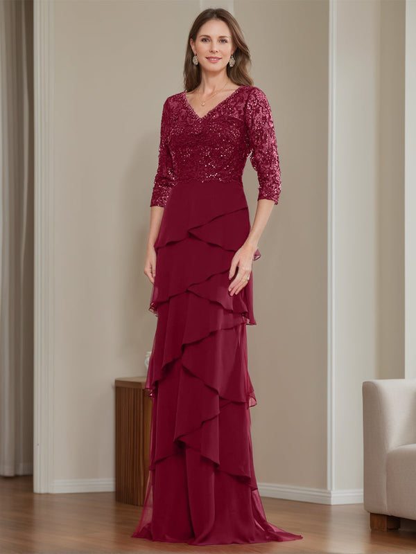 Chiffon Sheath/Column V-Neck Elegant Mother Of The Bride & Groom Dresses With Appliques & Ruffles BabaMila