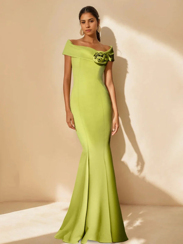 Trumpet/Mermaid Off-the-Shoulder Minimalist Mother of the Bride Dresses with Detachable Flower BabaMila