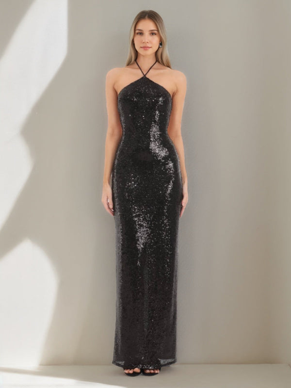 Sheath/Column Halter Backless Sequined Prom Dresses with Self-tie/Slit BabaMila