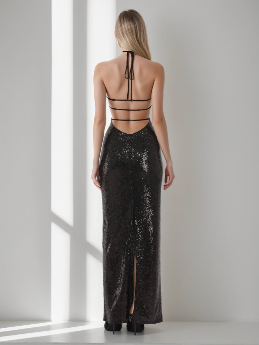 Sheath/Column Halter Backless Sequined Prom Dresses with Self-tie/Slit BabaMila